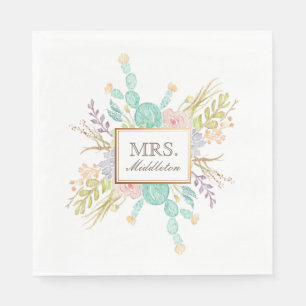 Serviette Jetable Aquarelle de bouquet Succulente   Nom personnalisé