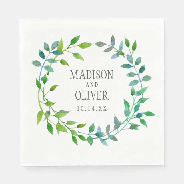 Serviette Jetable Aquarelle Feuille verte | MARIAGE (Devant)