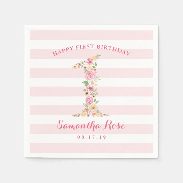 Serviette Jetable Aquarelle Florale Un premier anniversaire (Devant)