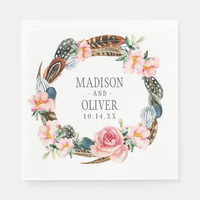 Serviette Jetable Aquarelle Florale Wreath avec plumes | MARIAGE (Devant)