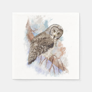 Serviette Jetable Aquarelle Grande Chouette gris Oiseau Nature Art