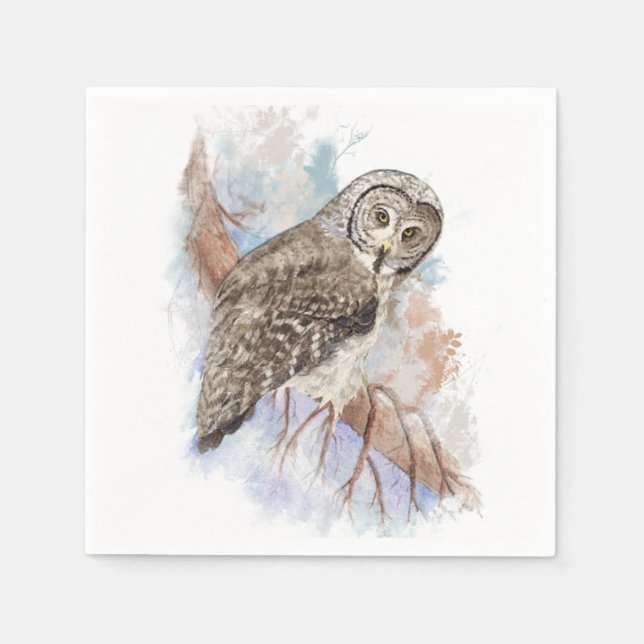 Serviette Jetable Aquarelle Grande Chouette gris Oiseau Nature Art (Devant)