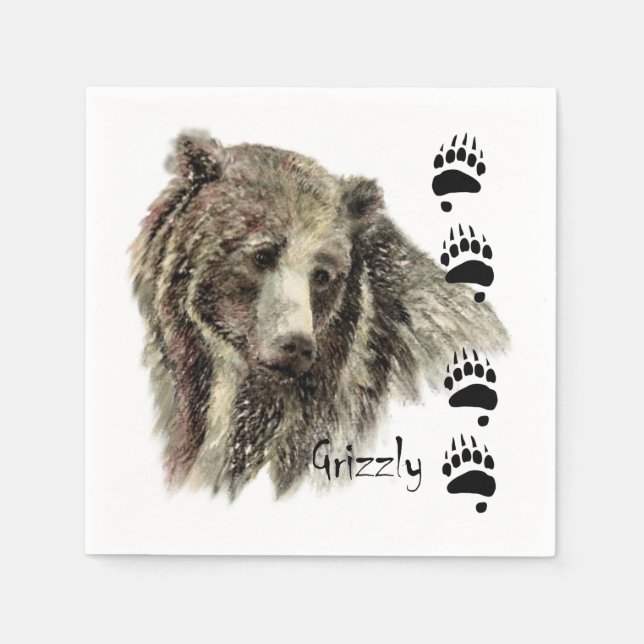Serviette Jetable Aquarelle Grizzli Ours Faune Nature Art (Devant)
