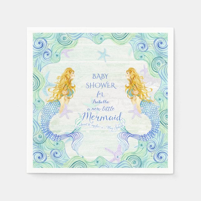 Serviette Jetable Aquarelle moderne Baby shower sirène Waves bois (Devant)