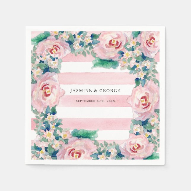 Serviette Jetable Aquarelle MODERNE Chic Large Stripes avec Rose (Devant)