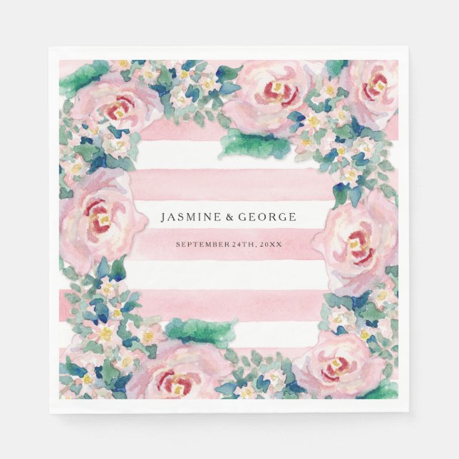 Serviette Jetable Aquarelle MODERNE Chic Large Stripes avec Rose (Devant)