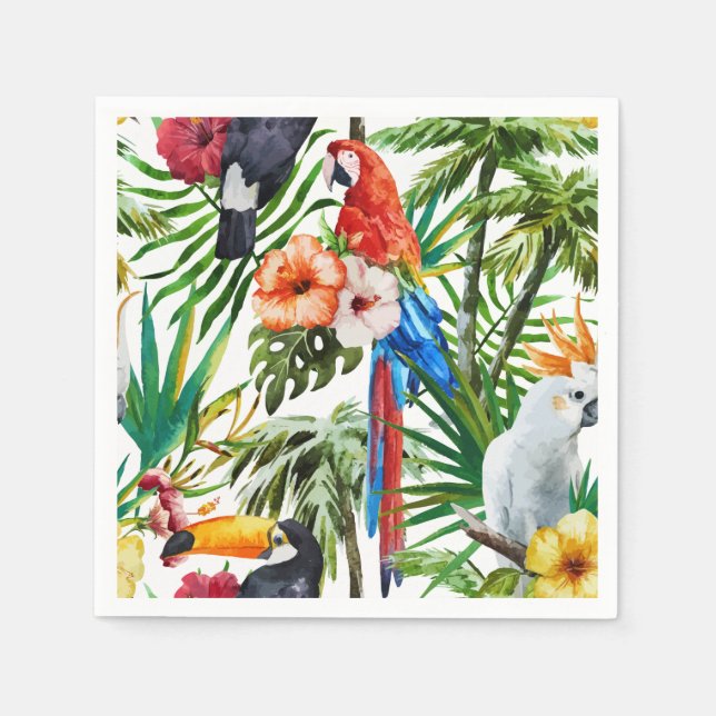 Serviette Jetable Aquarelle motif des oiseaux tropicaux et du feuill (Devant)