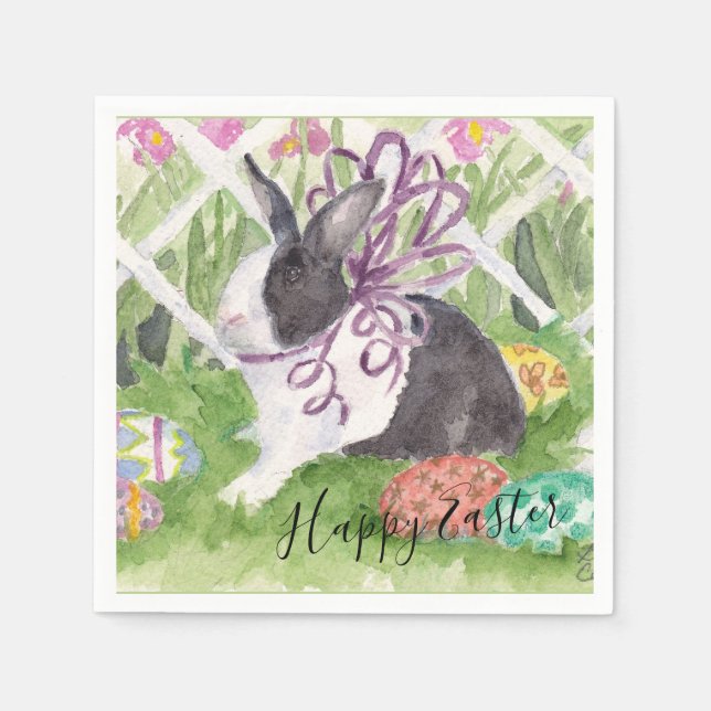 Serviette Jetable Aquarelle Rabbit néerlandais OEufs de Pâques (Devant)