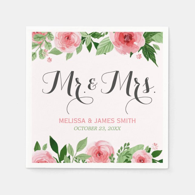 Serviette Jetable Aquarelle Rose Fleurs botaniques Mariage Monogramm (Devant)