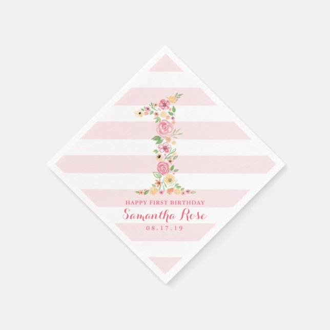 Serviette Jetable Aquarelle rose Floral un premier anniversaire (Coin)