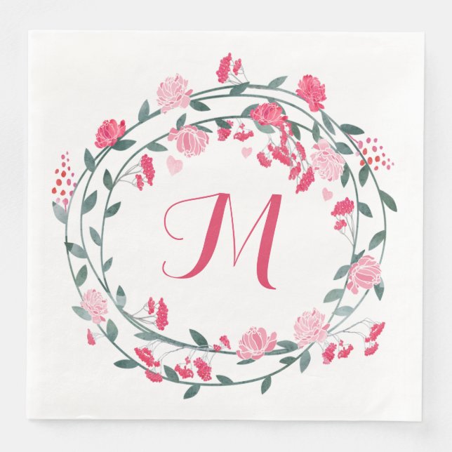 Serviette Jetable Aquarelle rose Peony Monogramme Wreath (Devant)