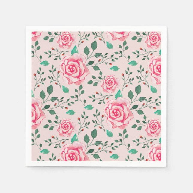 Serviette Jetable Aquarelle rose Roses & verdure | Rose pâle (Devant)