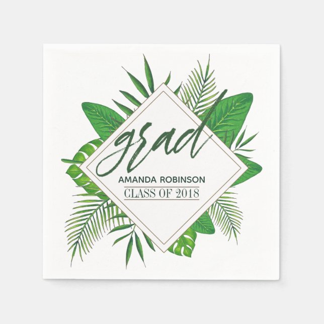 Serviette Jetable Aquarelle Tropical Feuille Graduation Party (Devant)