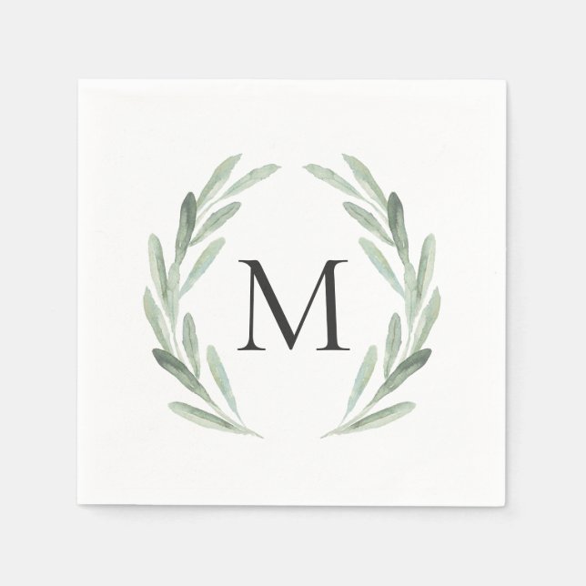 Serviette Jetable Aquarelle Vert Olive Branche Monogramme de la cour (Devant)