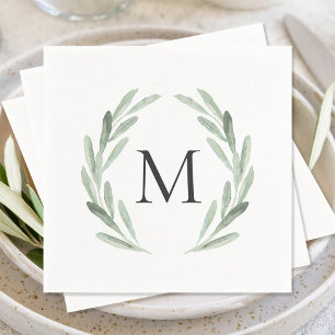 Serviette Jetable Aquarelle Vert Olive Branche Monogramme de la cour