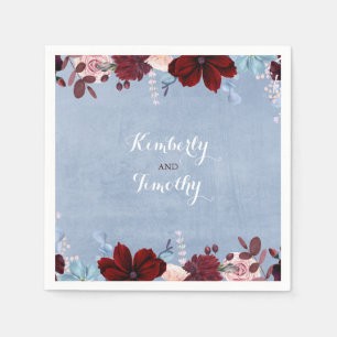 Serviette Jetable Aquarelles florales bleues bordeaux et poussiéreus