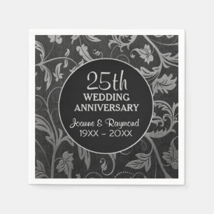 Serviette Jetable Argent Noir Damas 25e anniversaire