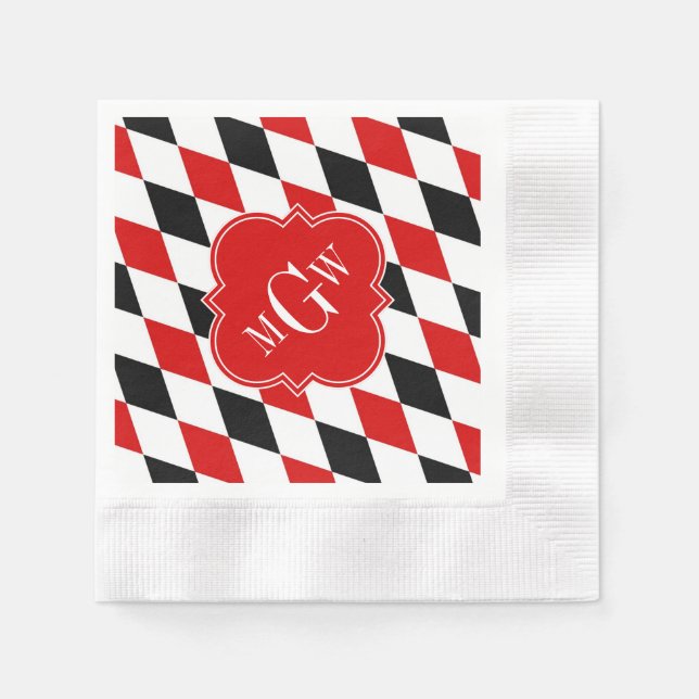 Serviette Jetable Arlequin noir blanc rouge Quatrefoil rouge 3 Monog (Devant)