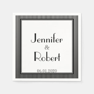 Serviette Jetable Art Déco Elegant Mariage en bande noir et blanc