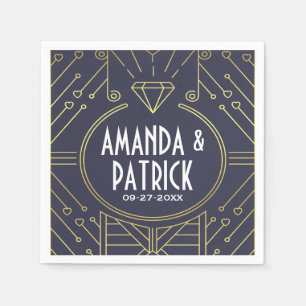 Serviette Jetable Art Déco Vintage Marine Blue & Gold Mariage Napkin
