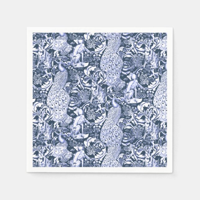 Serviette Jetable Art Nouveau Peacock Print, Navy et White (Devant)