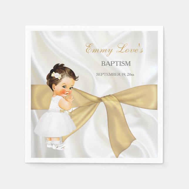 Serviette Jetable Baby Girl Baptism Christening Gold Bow (Devant)