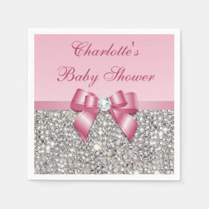 Serviette Jetable Baby shower Chic Faux Pink Bow Silver Sequins