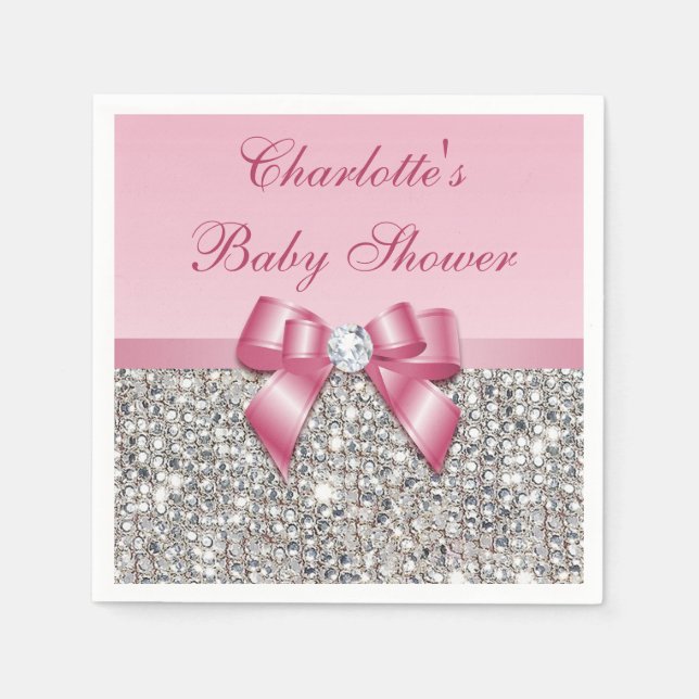 Serviette Jetable Baby shower Chic Faux Pink Bow Silver Sequins (Devant)
