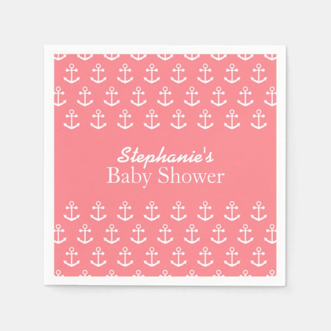 Serviette Jetable Baby shower d'Ancres nautiques rose et blanc (Devant)
