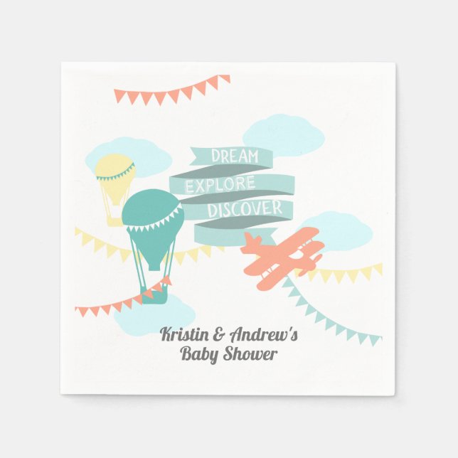 Serviette Jetable Baby shower d'aventure avion et ballon (Devant)