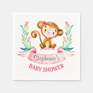 Serviette Jetable Baby shower fille singe aquarelle