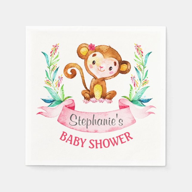 Serviette Jetable Baby shower fille singe aquarelle (Devant)