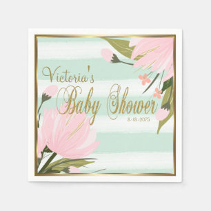 Serviette Jetable Baby Shower Menthe et Rayures Roses
