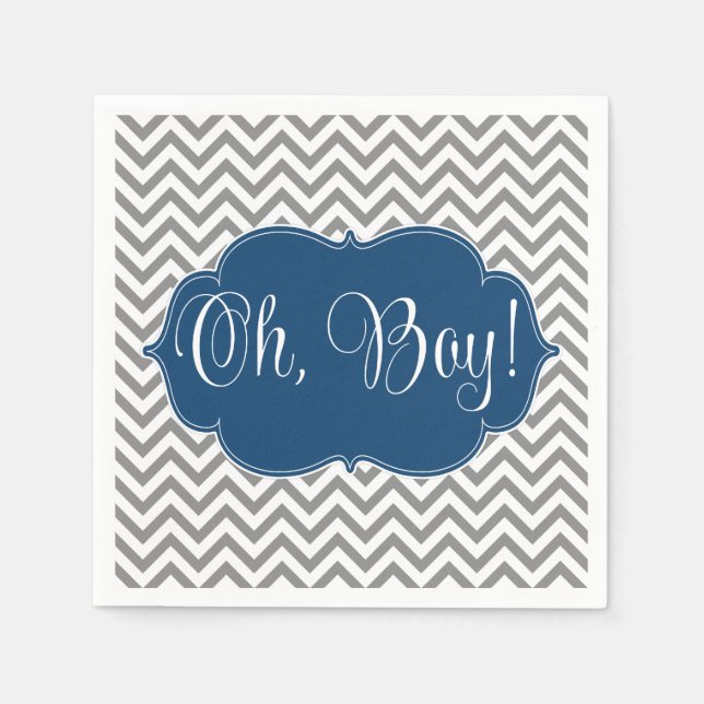 Serviette Jetable Baby shower moderne Chevron Navy Blue Grey Boy (Devant)
