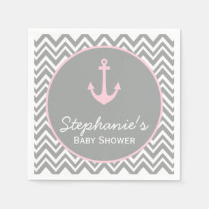 Serviette Jetable Baby shower nautique gris et rose pastel Chevron