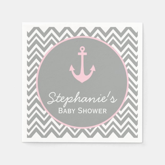 Serviette Jetable Baby shower nautique gris et rose pastel Chevron (Devant)
