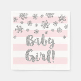Serviette Jetable Baby shower Pink Stripes Silver Snowflakes