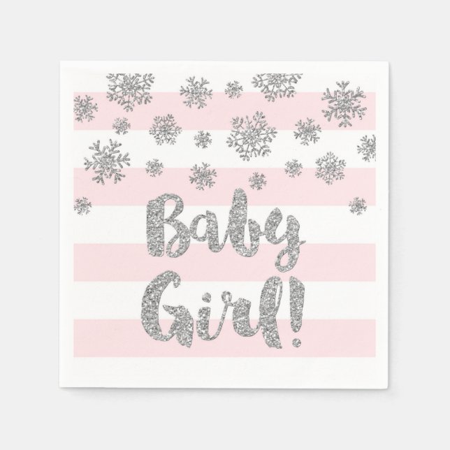 Serviette Jetable Baby shower Pink Stripes Silver Snowflakes (Devant)