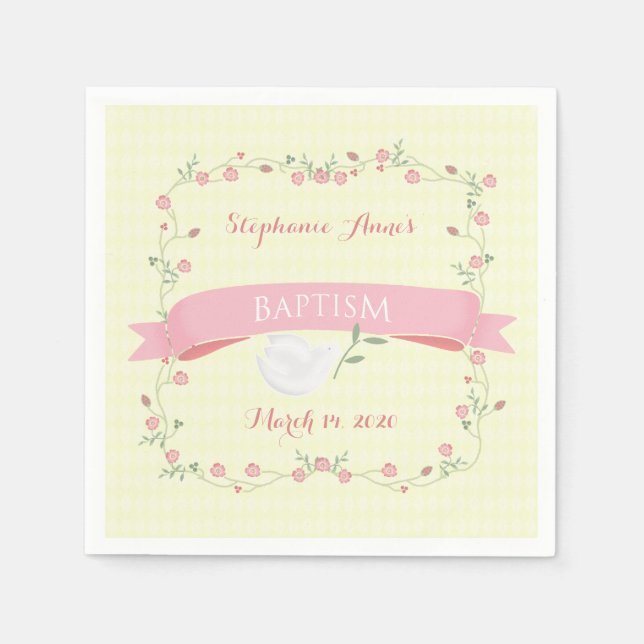 Serviette Jetable Baptême couronne rose florale (Devant)