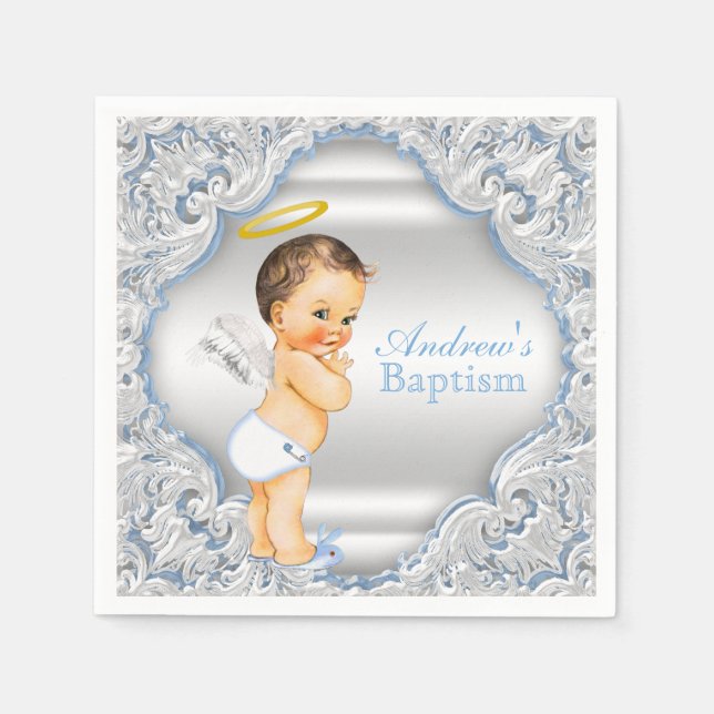 Serviette Jetable Baptême de garçon de l'ange bleu (Devant)