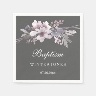 Serviette Jetable Baptême Floral Gris Hiver Violet Élégant