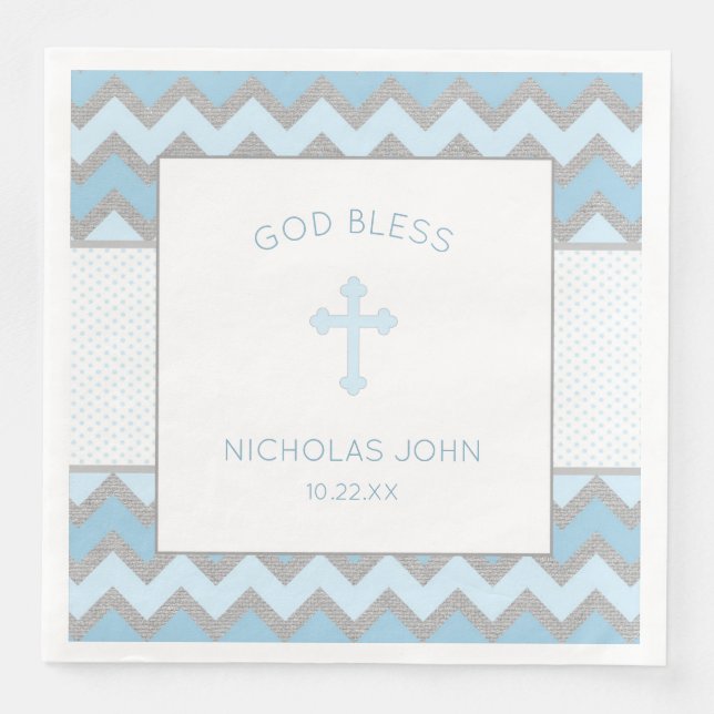 Serviette Jetable Baptême gris bleu rustique Christening Napkin (Devant)