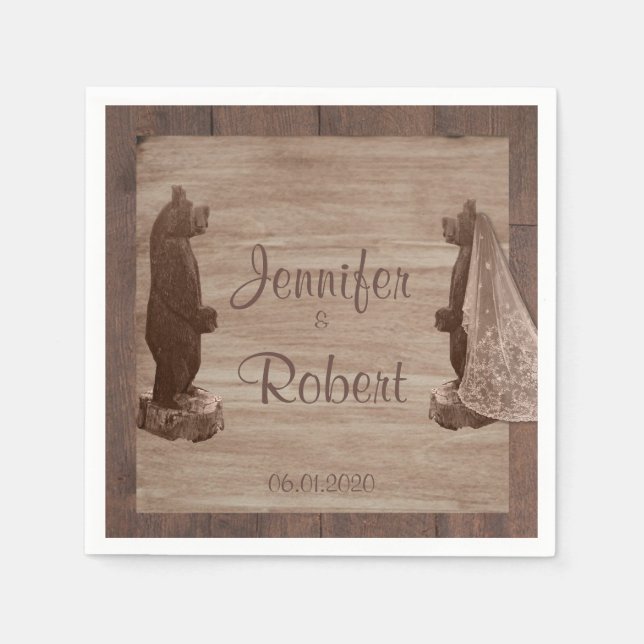Serviette Jetable Barre Bois Ours Mariage campagnard Napkin (Devant)