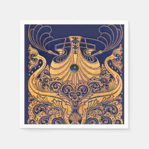Serviette Jetable Bateau antique, Dauphins, Or, Bleu marine Nautique