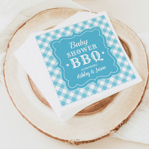 Serviette Jetable BBQ baby shower bleu et blanc En vichy plaqué