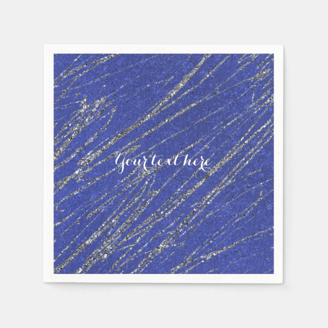 Serviette Jetable Bleu & Argent Moderne Glam Marbre Frappe (Devant)