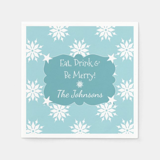 Serviette Jetable Bleu de Noël avec des flocons de neige (Devant)