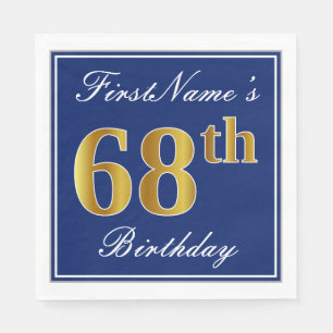 Serviette Jetable Bleu Élégant, Faux Gold 68e anniversaire; Nom pers