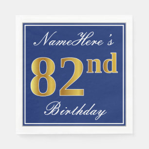 Serviette Jetable Bleu Élégant, Faux Gold 82e anniversaire; Nom pers
