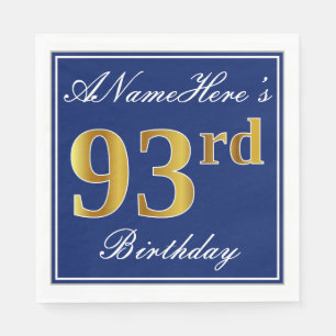 Serviette Jetable Bleu Élégant, Faux Gold 93e anniversaire; Nom pers